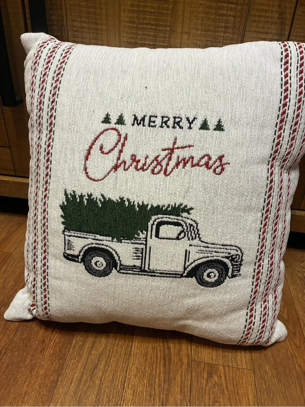 Merry Christmas Truck Decorative Pillow - White and Green